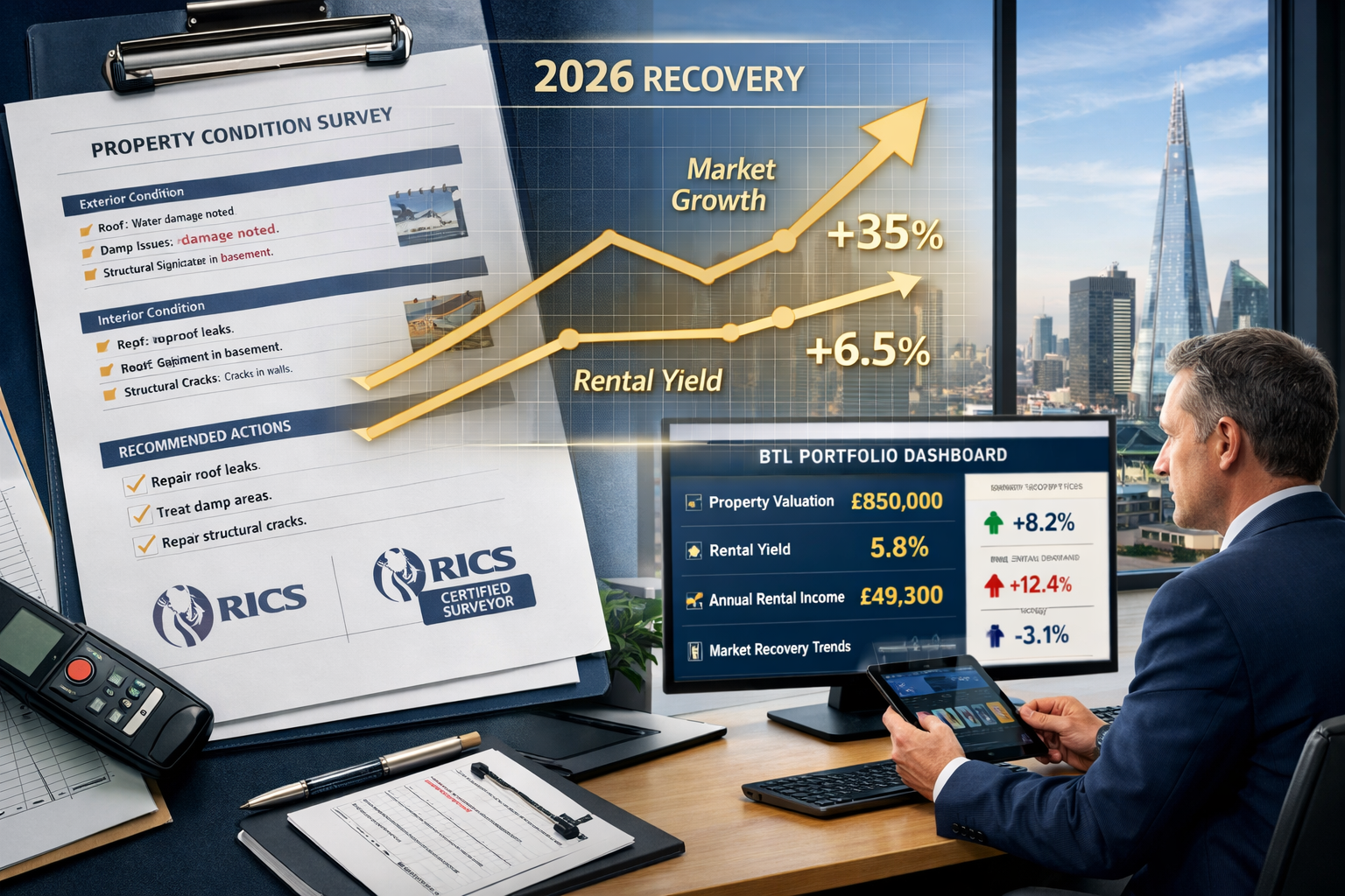 () editorial image showing split-screen composition: left side displays detailed property condition survey report with