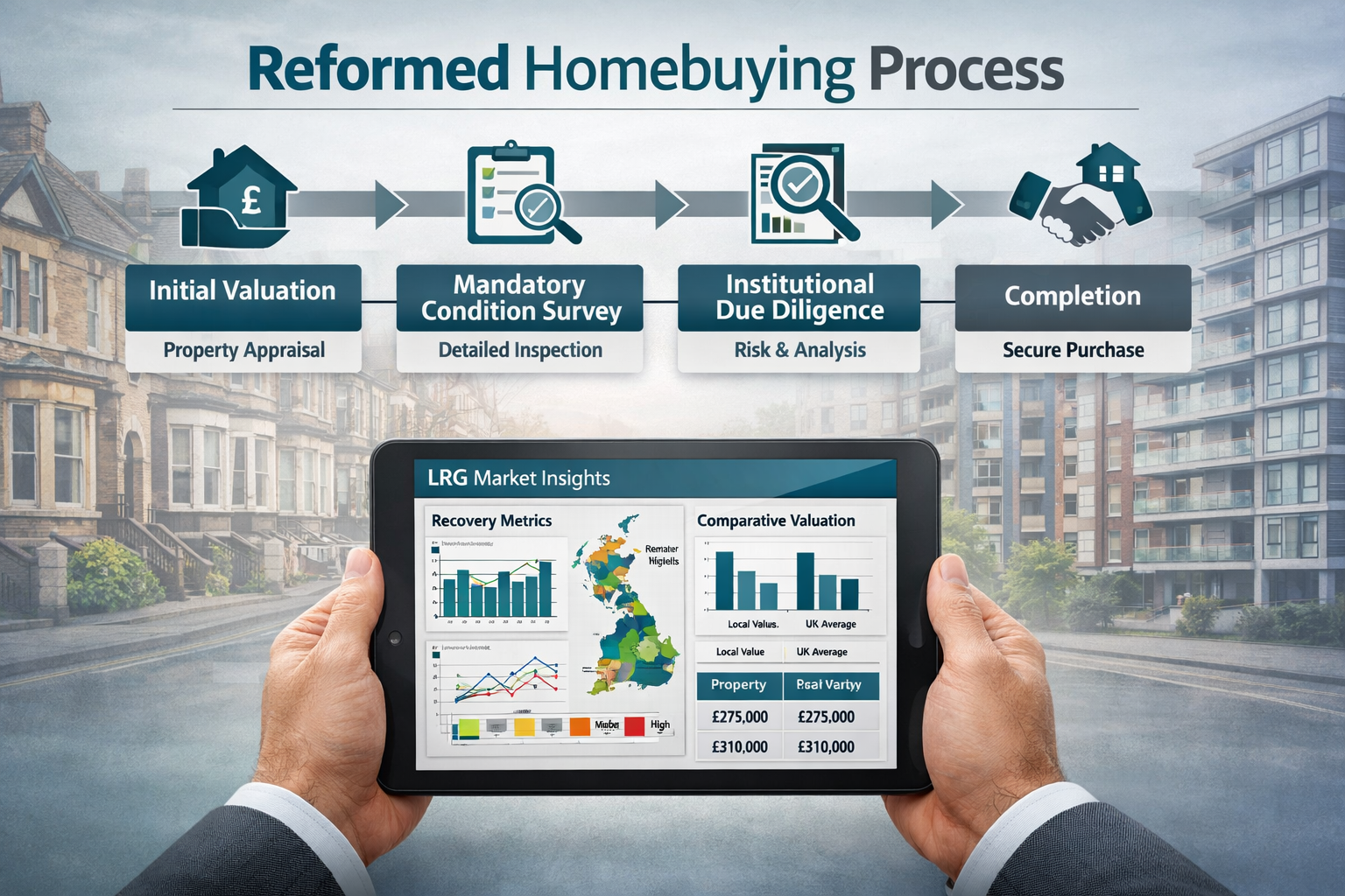 () detailed infographic-style image showing reformed homebuying process flowchart with distinct stages: initial valuation,