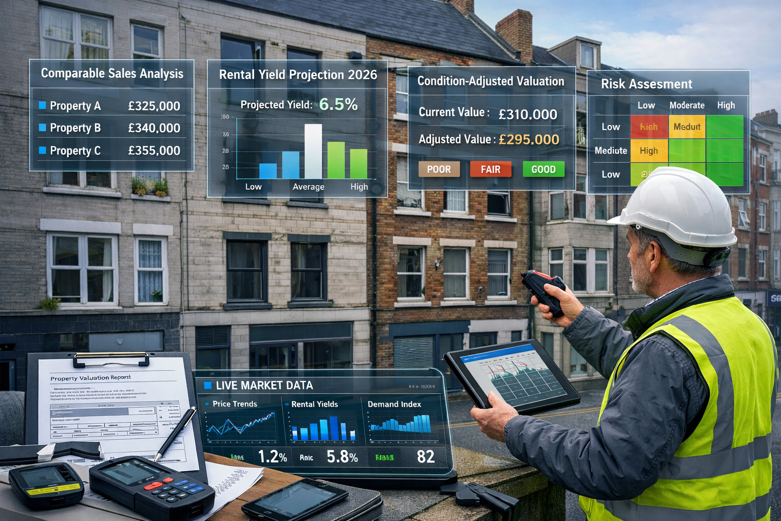 () concept image showing professional property valuation in action: chartered surveyor conducting exterior inspection of