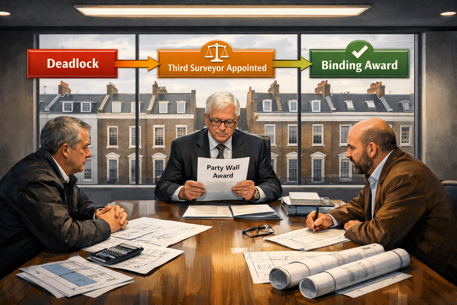 Wide-angle editorial illustration showing a formal dispute resolution scene: two party wall surveyors seated at opposite