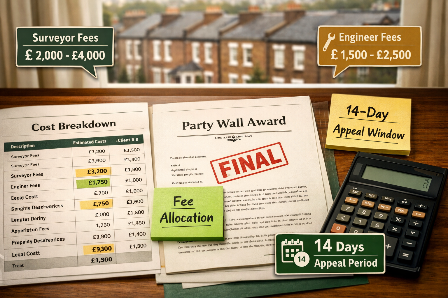 Close-up editorial photograph of a professional surveyor's desk showing a detailed cost breakdown spreadsheet with