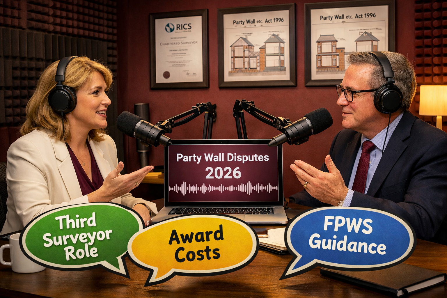 Dynamic podcast studio scene with two property law professionals in discussion, microphones and soundproofing panels