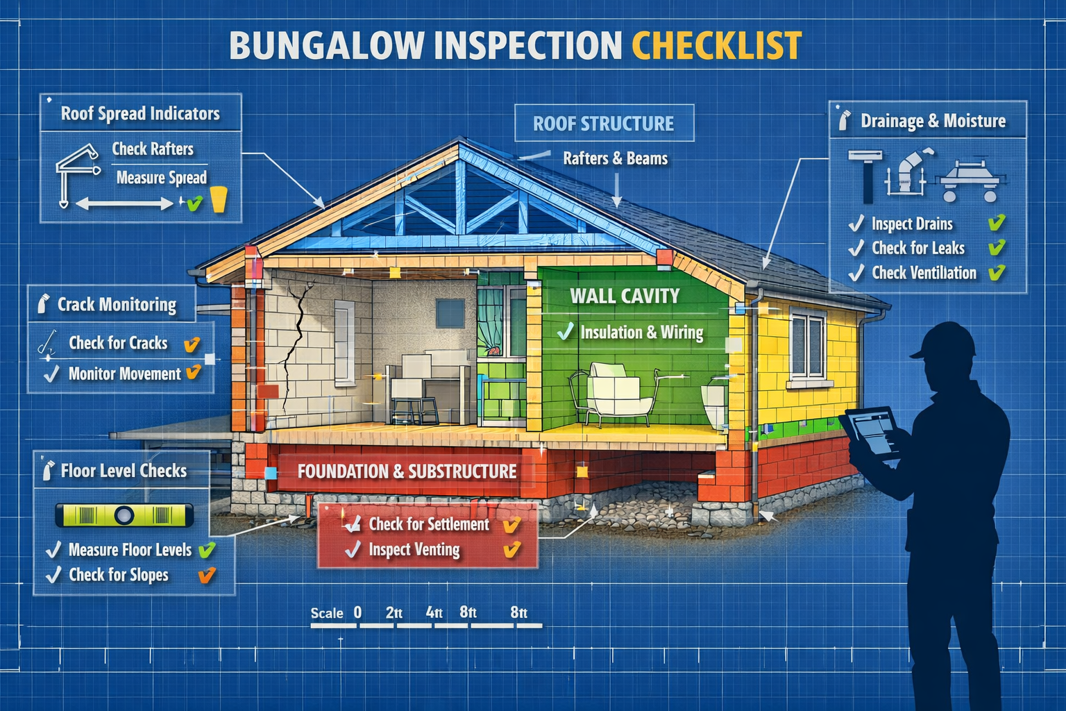 Detailed () image showing comprehensive bungalow inspection checklist visualization with cutaway architectural diagram of
