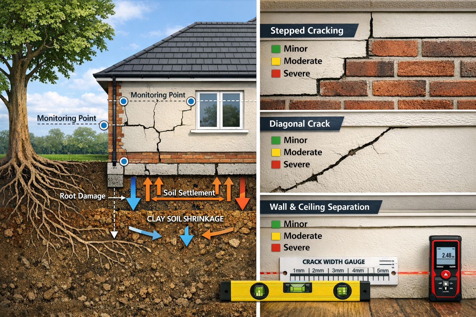 Detailed () image illustrating subsidence and structural movement assessment methodology for bungalows. Split-panel