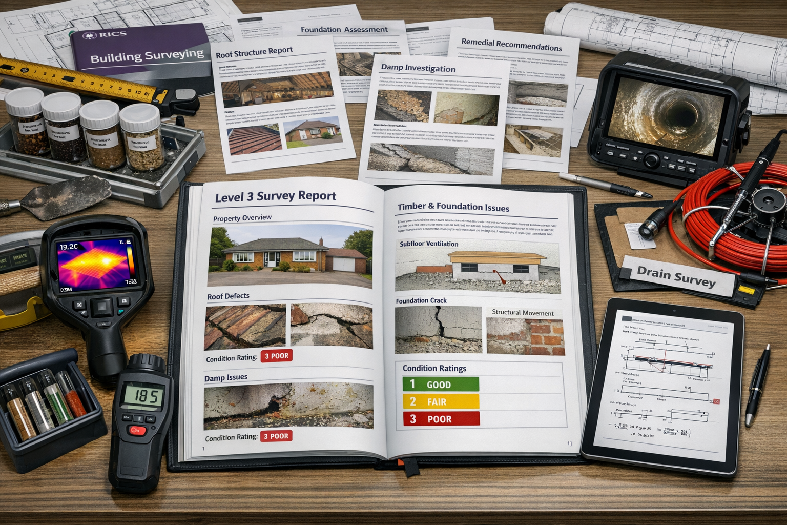 Detailed () image presenting comprehensive Level 3 survey report documentation and specialist investigation protocols for