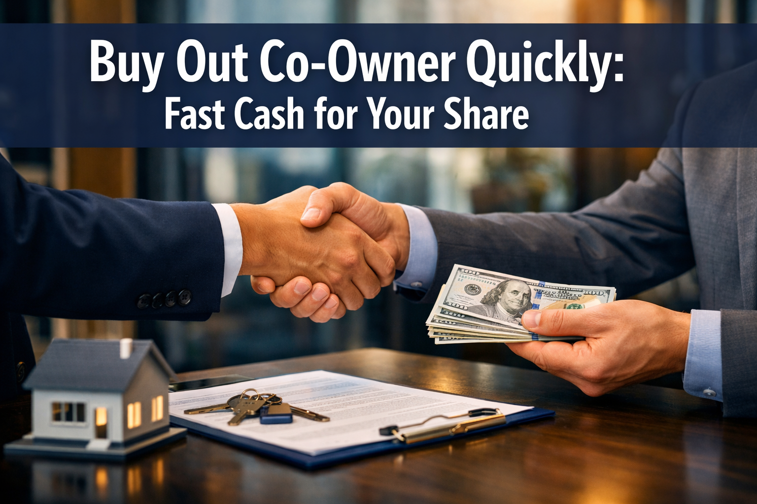 Professional landscape hero image (1536x1024) featuring bold text overlay 'Buy Out Co-Owner Quickly: Fast Cash for Your Share' in extra larg