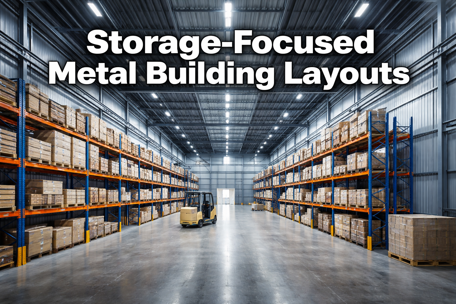 Professional () hero image with : 'Storage-Focused Metal Building Layouts' in extra large white with dark drop , centered
