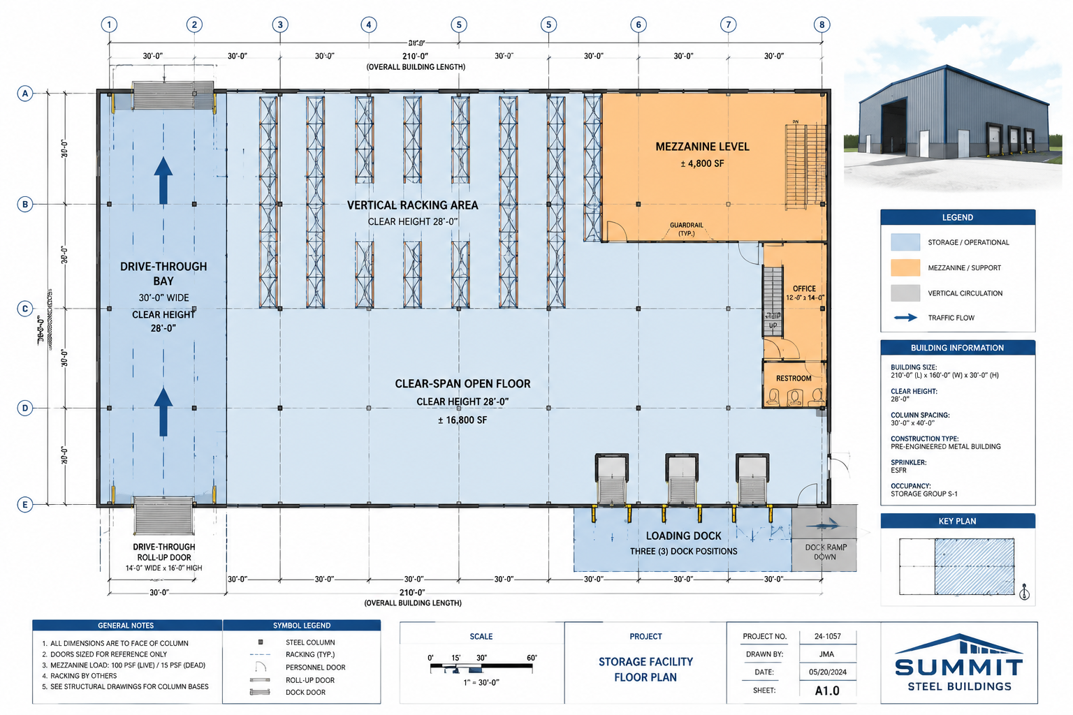 Detailed () architectural floor plan illustration showing a top-down schematic of a storage-focused metal building layout