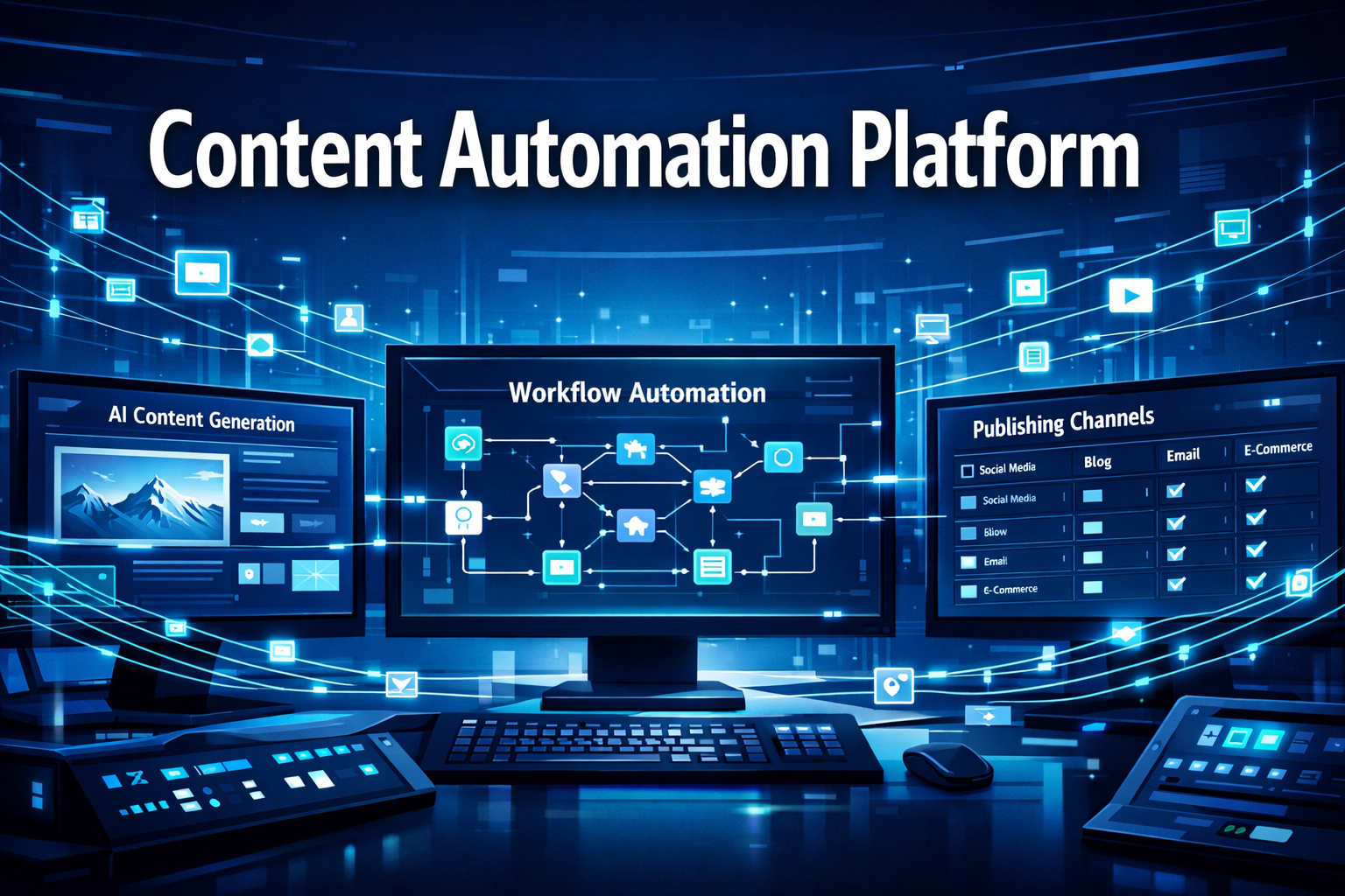 Content Automation Platform image featuring bold text overlay 'Content Automation Platform' in extra large 72pt white sans-serif font with dark drop shadow, centered in upper third of frame. Background shows a sleek futuristic digital workspace with multiple monitors displaying AI-generated content dashboards, workflow automation diagrams, and multichannel publishing queues. Color scheme: deep navy blue, electric teal, and white accents. Glowing data streams and content nodes connect across screens. High contrast, magazine cover quality, editorial style, clean and authoritative.