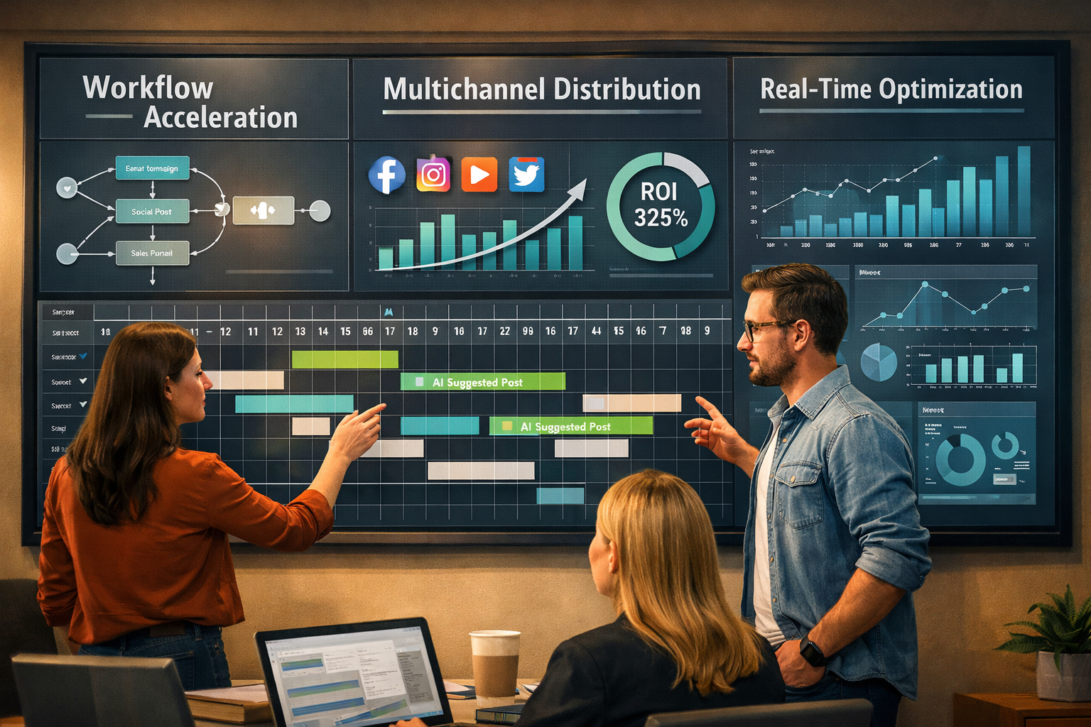 Content Automation Platform Digital illustration, graphic design style, Landscape format (1536x1024) concept illustration depicting a modern marketing team of three professionals reviewing a large wall-mounted dashboard showing ROI metrics, content performance graphs, and automation workflow timelines. One screen shows a Gantt-style content calendar with AI-suggested posts highlighted in green. Overlaid text labels read 'Workflow Acceleration', 'Multichannel Distribution', and 'Real-Time Optimization'. Color scheme: warm office lighting, slate gray and teal data visualizations, photorealistic editorial quality.