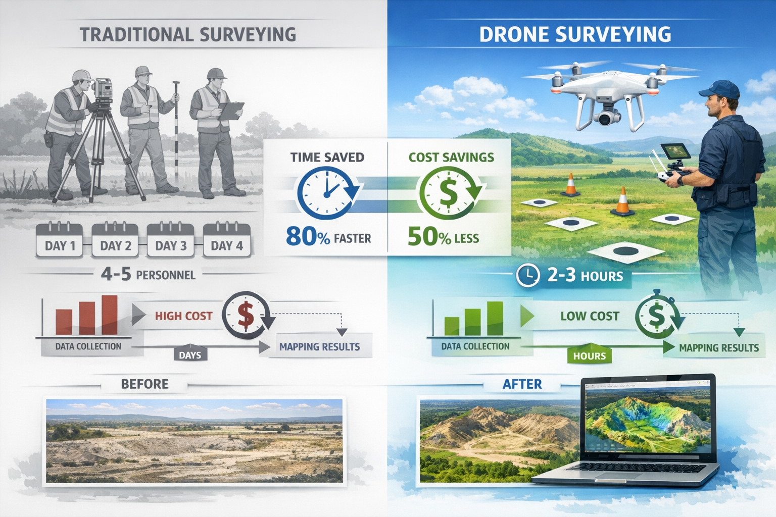 Landscape format (1536x1024) detailed comparison infographic showing traditional land surveying team with theodolites and measuring equipmen