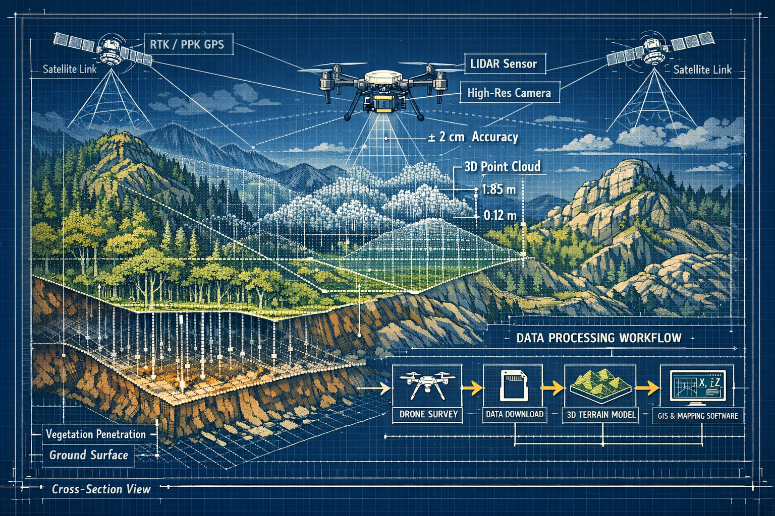 Landscape format (1536x1024) technical illustration showing drone equipped with LiDAR sensor system and high-resolution camera flying over c