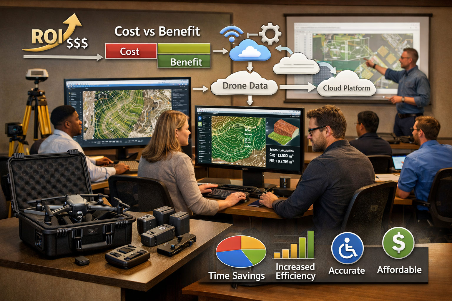 Landscape format (1536x1024) modern business implementation scene showing surveying company office with multiple professionals reviewing dro