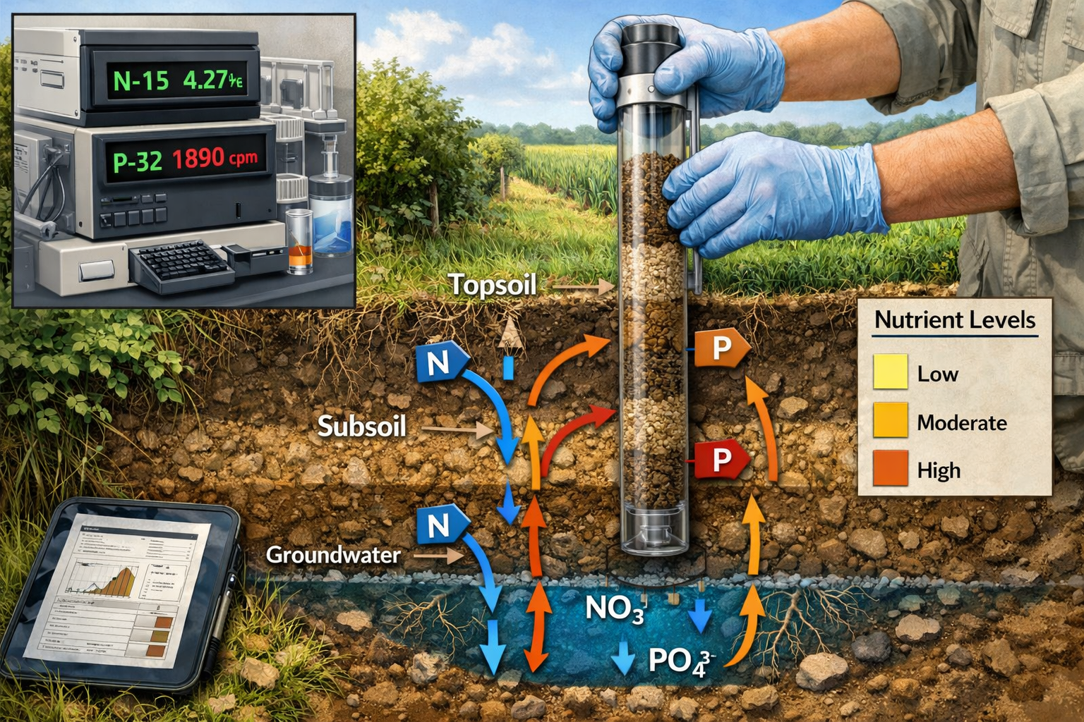 () detailed illustration showing cross-section of agricultural soil layers with visible nutrient pathways, featuring