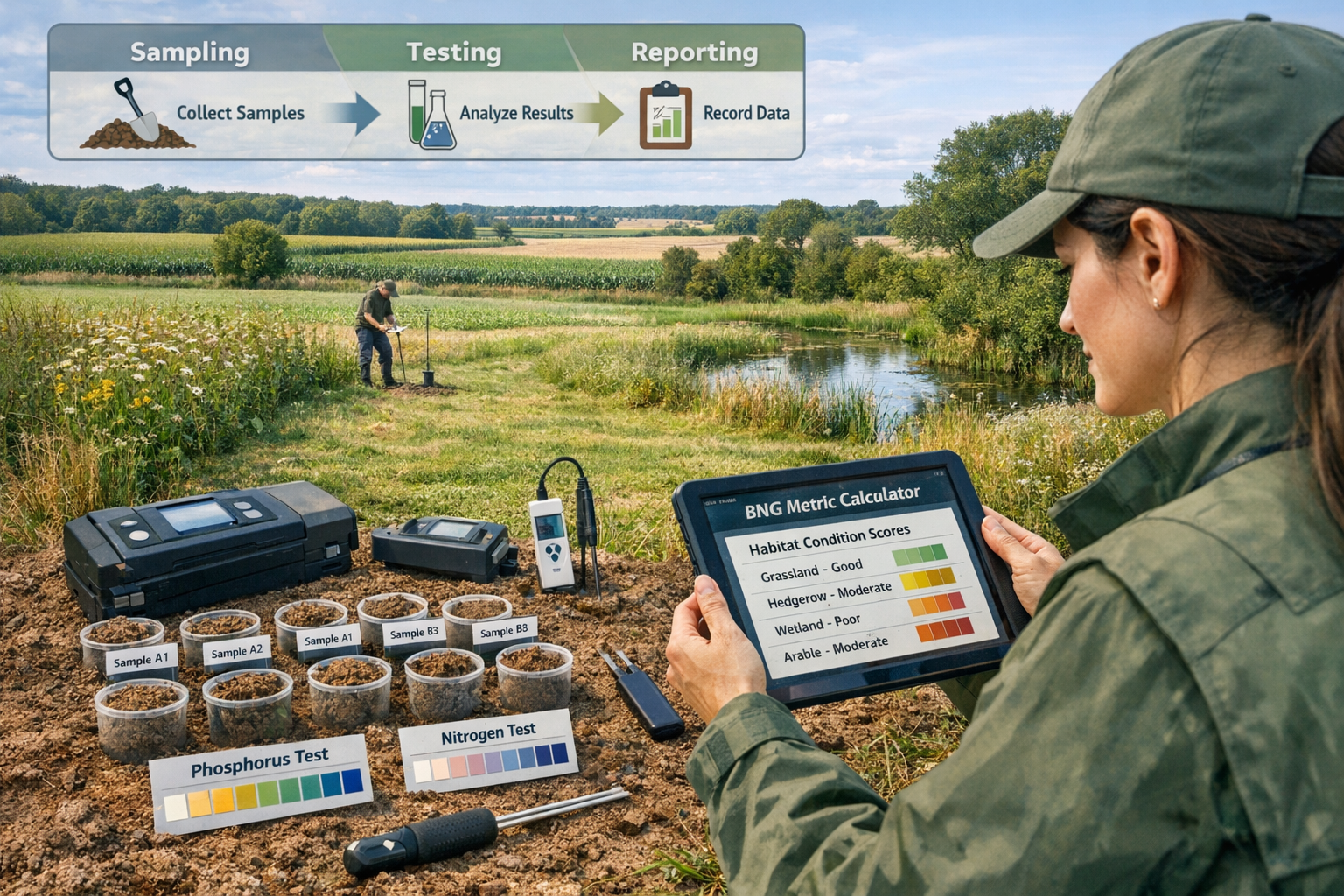 () professional field survey scene showing ecologist team conducting comprehensive nutrient cycling assessment in