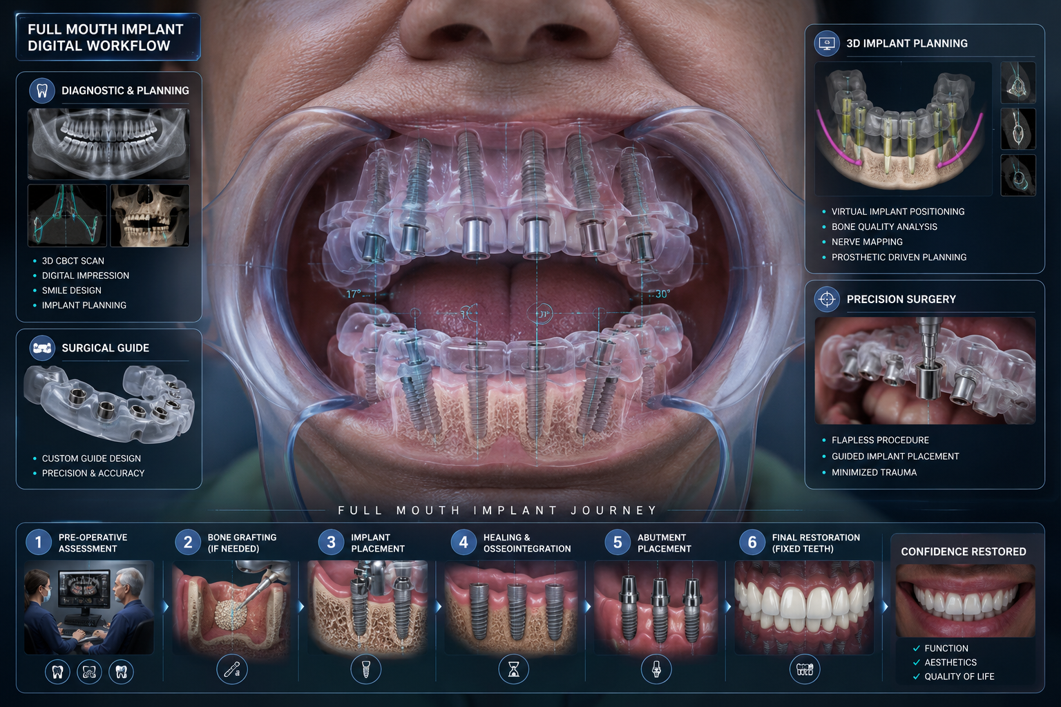 Detailed () image presenting a transparent of a patient's mouth showing the process of multiple dental implant placements.