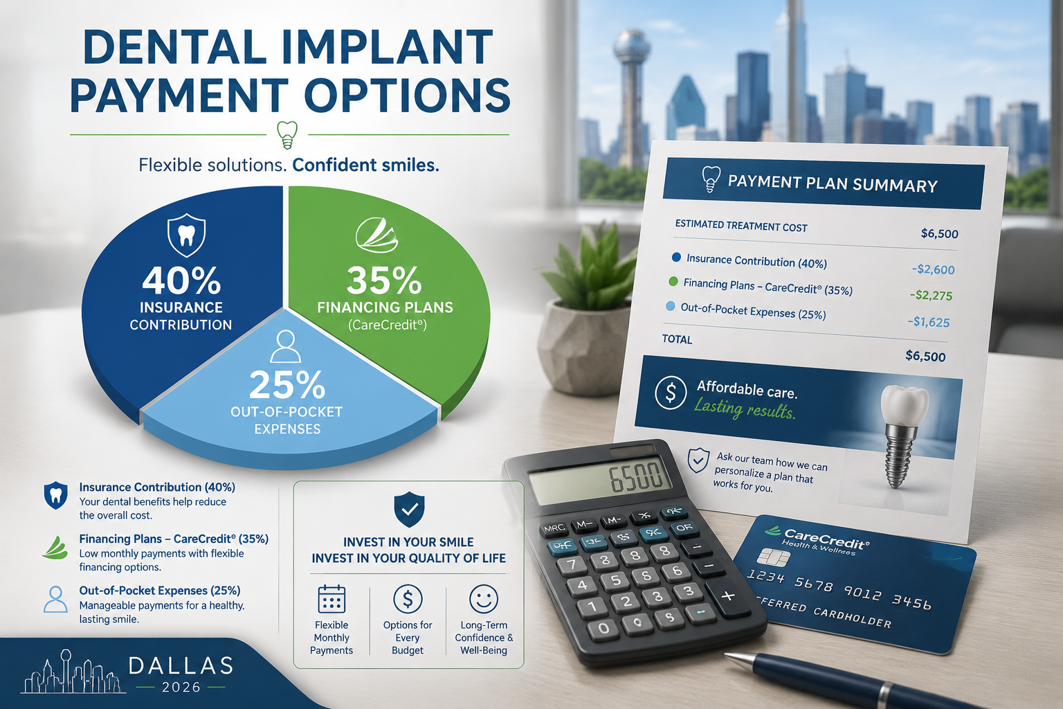 Detailed () image depicting various payment options for dental implants, such as a pie chart or bar graph illustrating