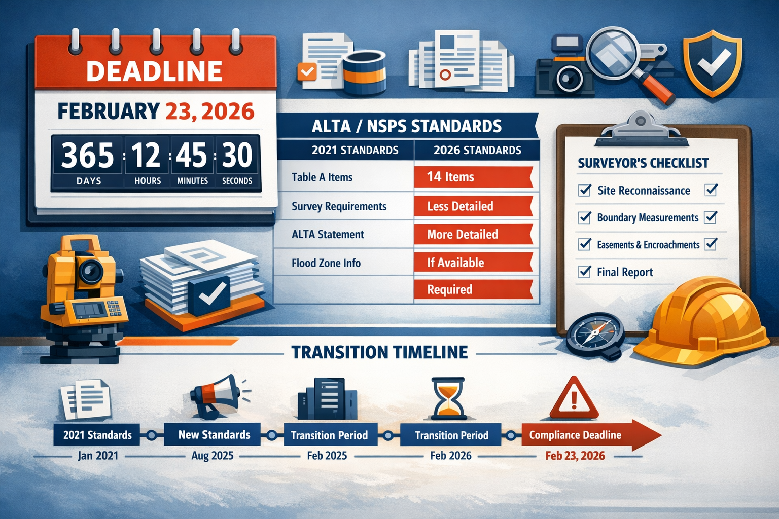 Detailed landscape format (1536x1024) infographic showing February 23, 2026 deadline calendar prominently displayed with countdown clock, si