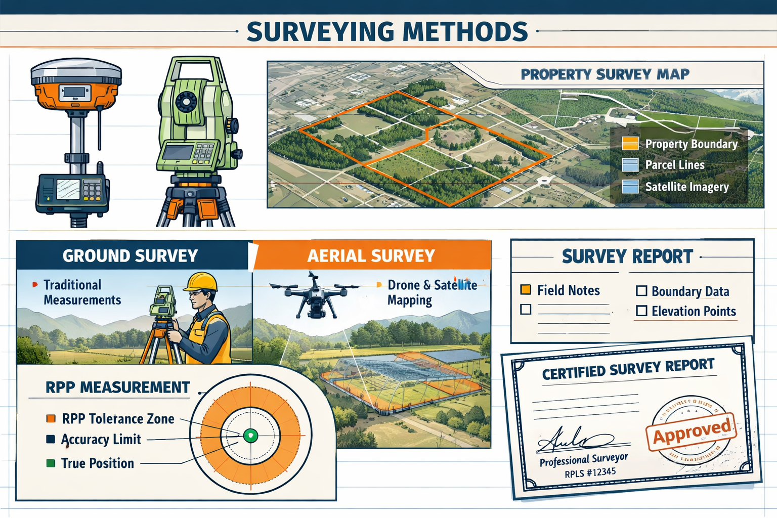 Professional landscape format (1536x1024) technical illustration showing surveyor's field equipment including GPS receivers and total statio