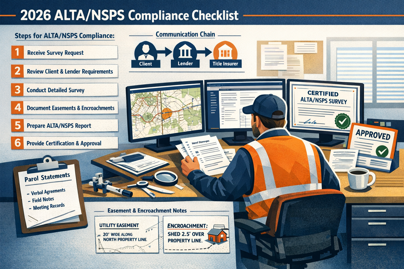 Detailed landscape format (1536x1024) compliance checklist infographic featuring numbered steps for 2026 ALTA/NSPS implementation, professio