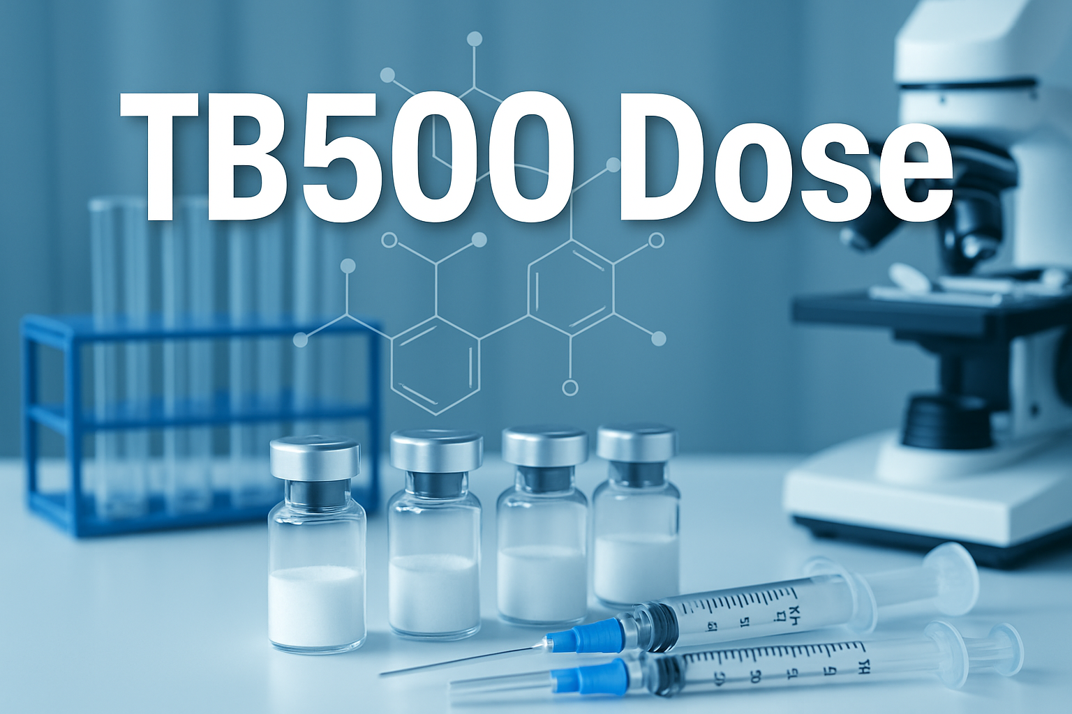 Professional landscape hero image (1536x1024) featuring bold text overlay 'TB500 Dose' in extra large 72pt white sans-serif font with dark s