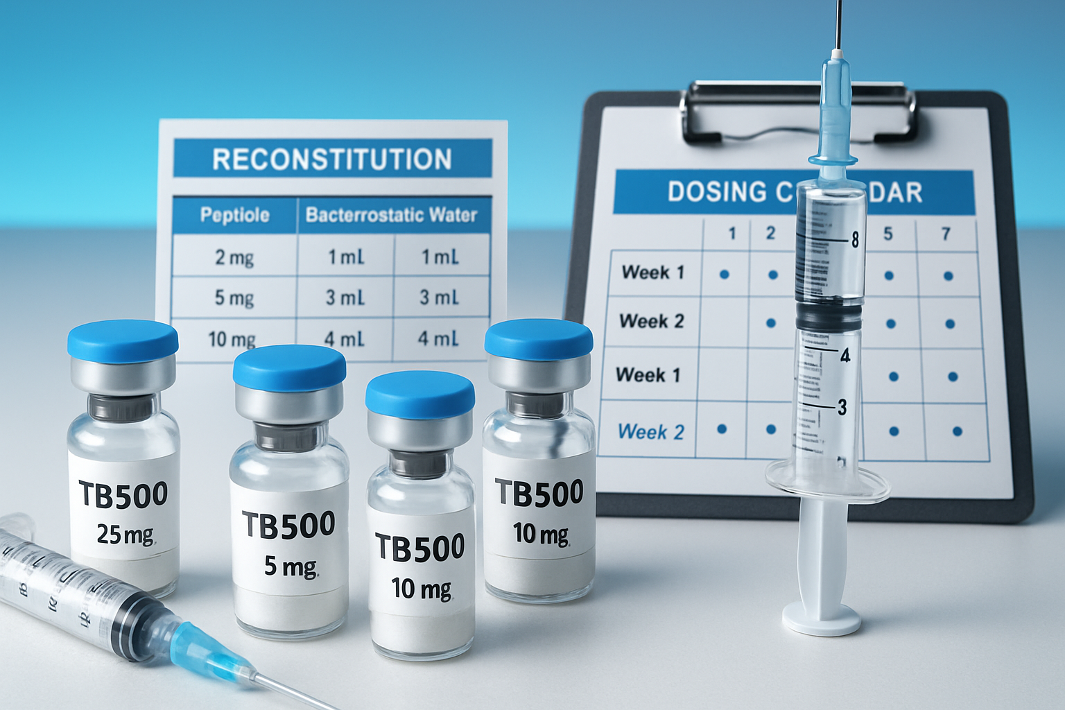 Scientific laboratory scene showing TB500 peptide dosing protocols with clear glass vials labeled with different concentrations (2.5mg, 5mg,