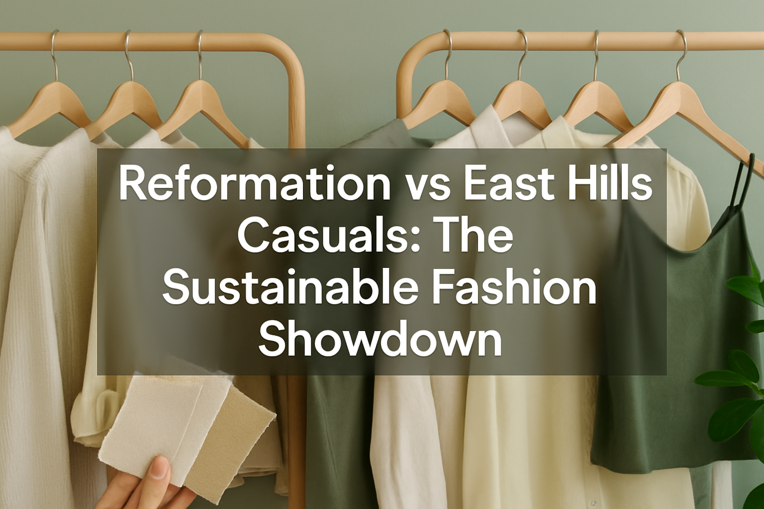 Professional landscape hero image (1536x1024) featuring bold text overlay 'Reformation vs East Hills Casuals: The Sustainable Fashion Showdo