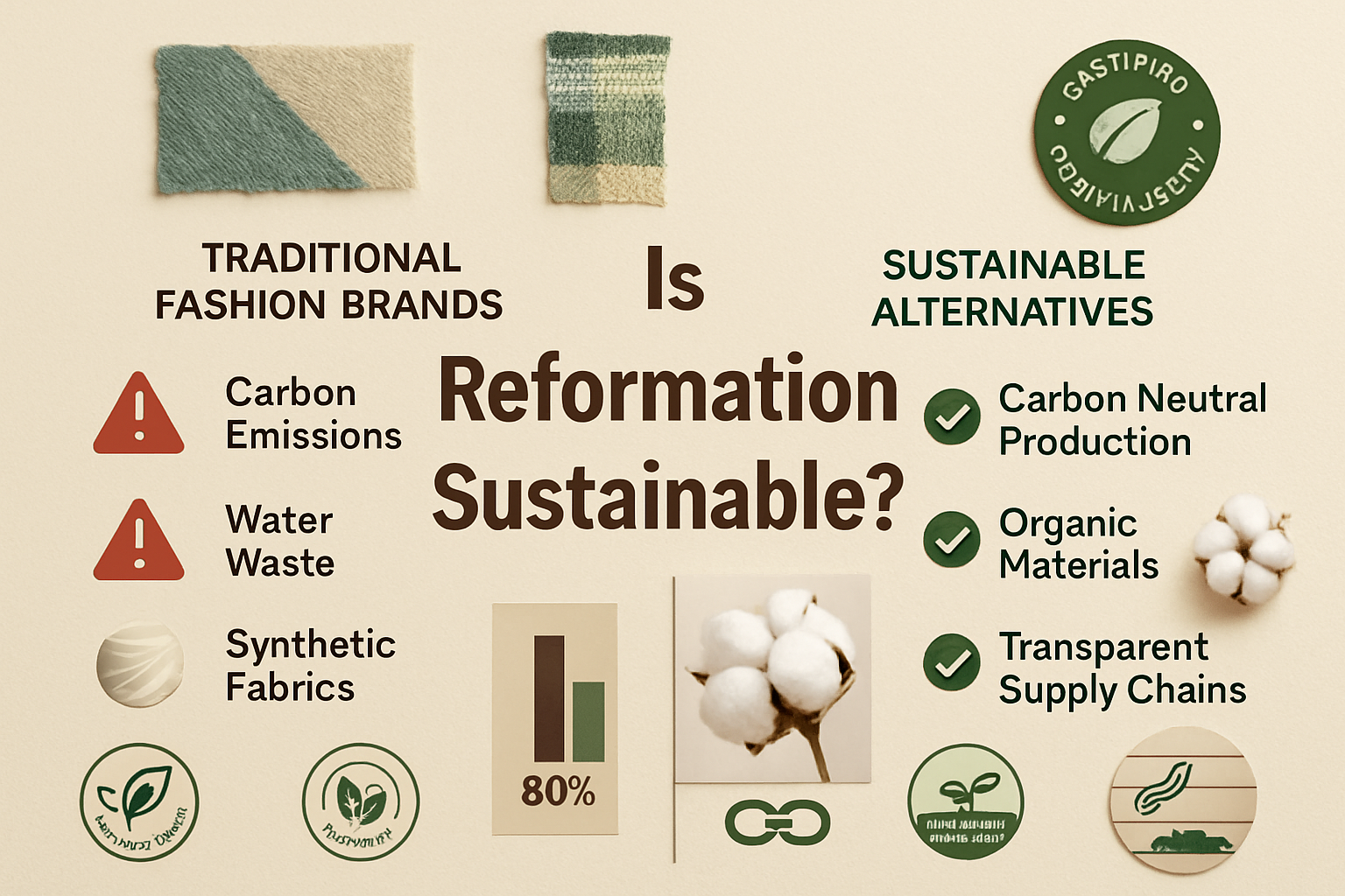 Editorial landscape image (1536x1024) showing detailed comparison infographic of sustainable fashion metrics. Left column labeled 'Tradition
