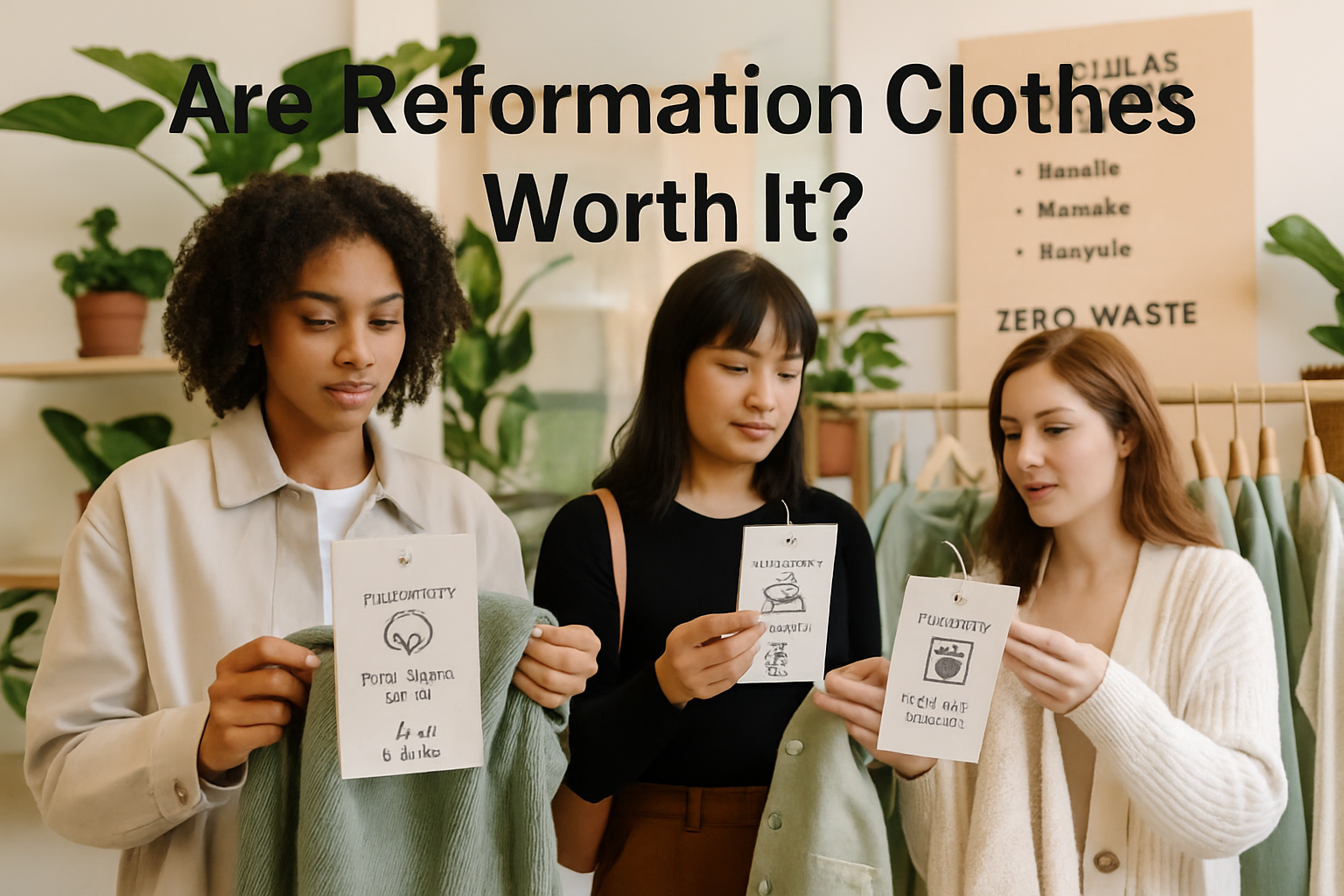 Professional landscape image (1536x1024) depicting women's contemporary fashion shopping scene with sustainability focus. Shows diverse youn