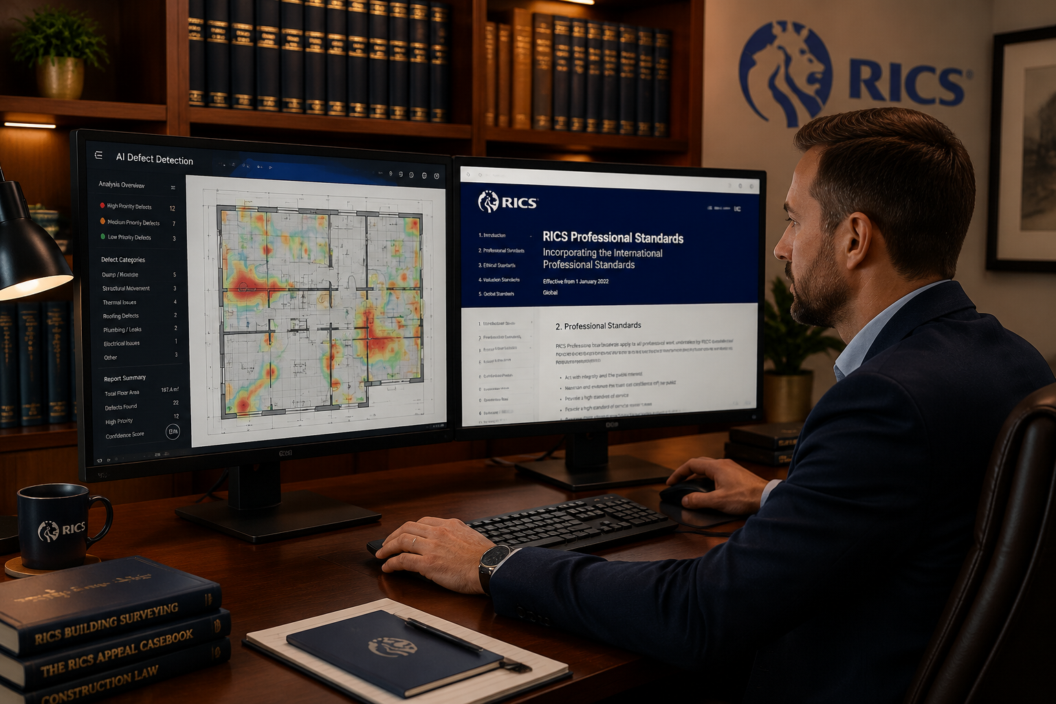 Wide-angle editorial photograph of a professional RICS-accredited surveyor at a desk reviewing AI-generated building survey