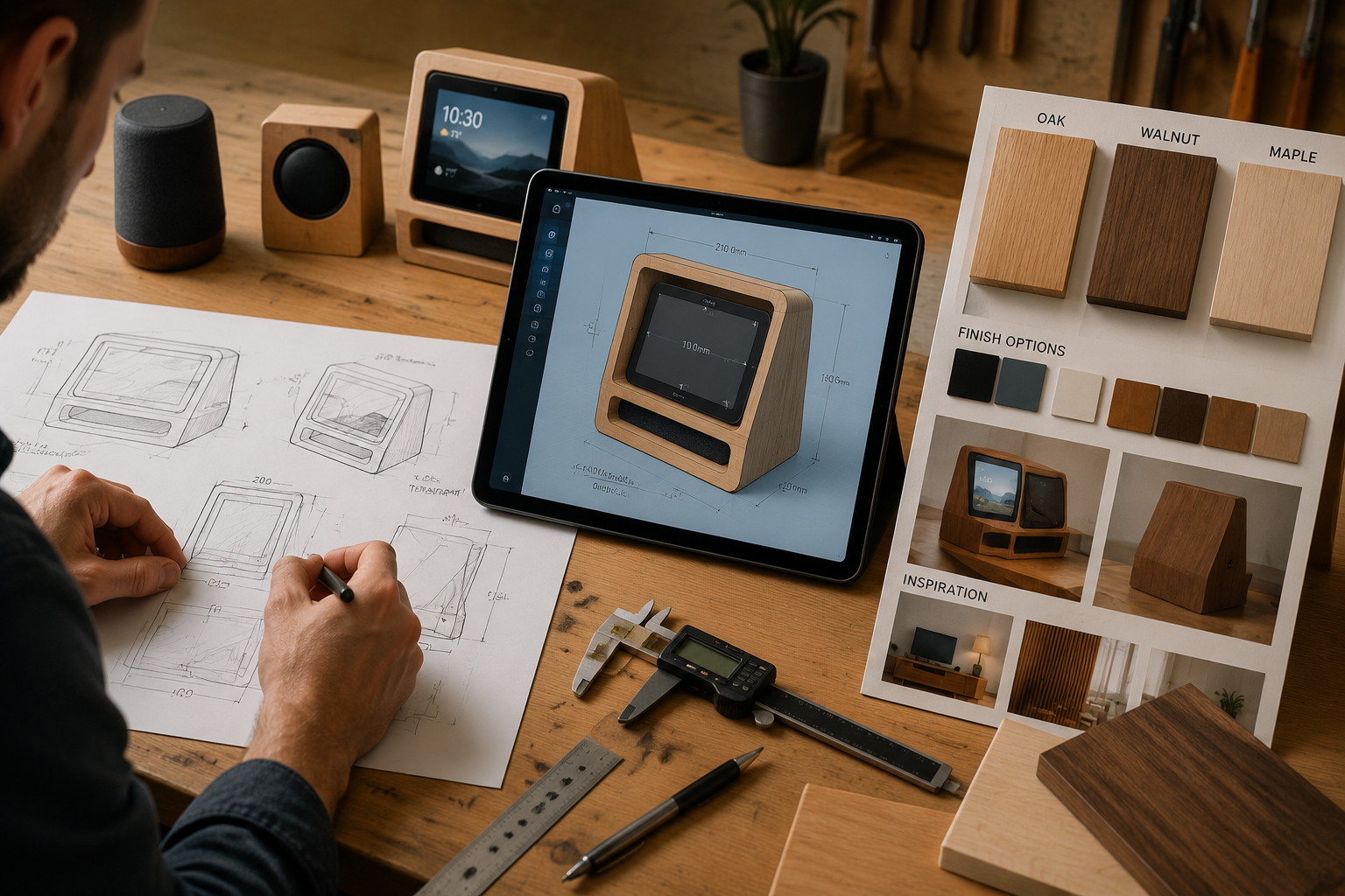 A beautifully composed landscape image () showcasing various stages of designing wooden enclosures for smart speakers and
