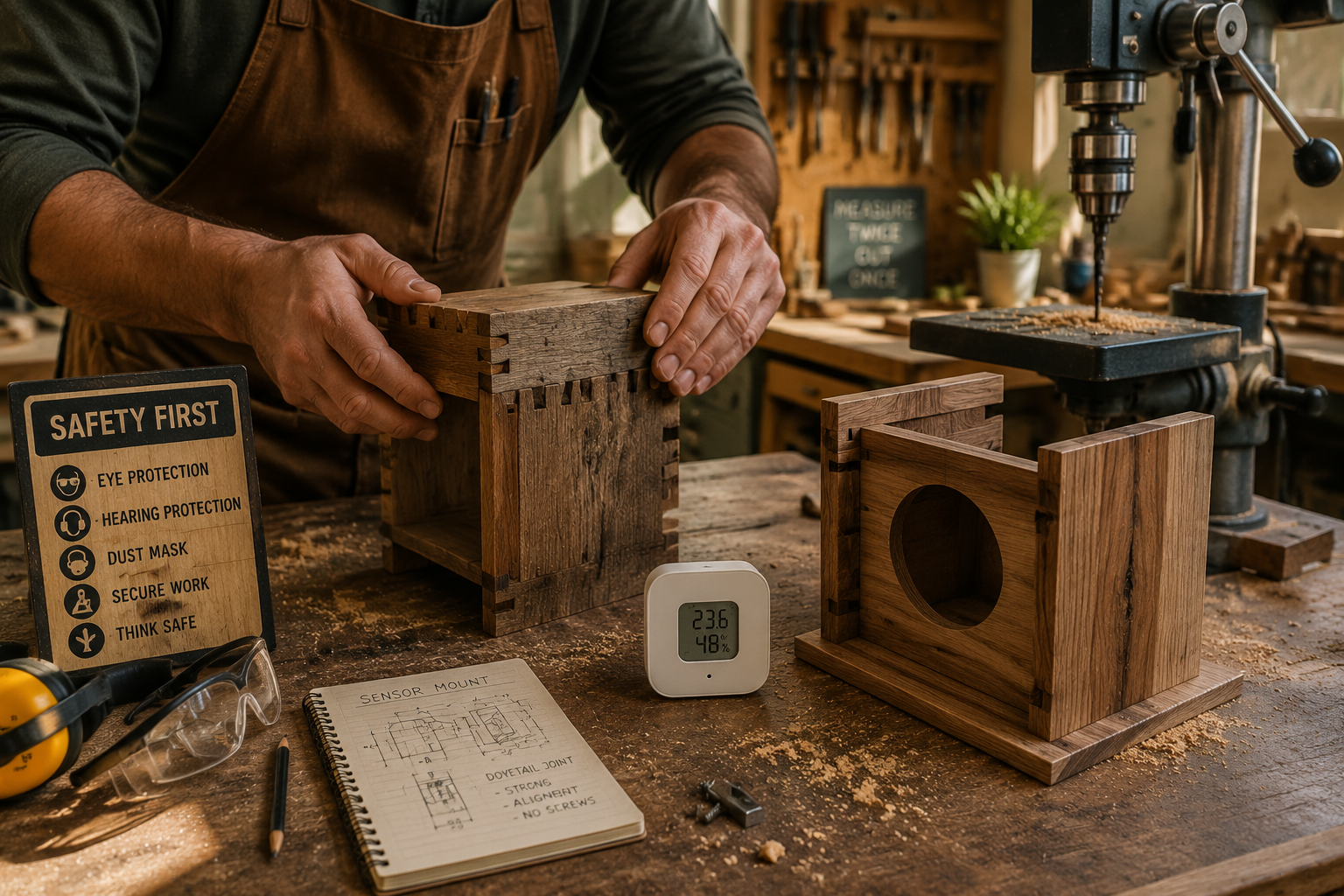 A dynamic landscape image () capturing a woodworker actively constructing a custom wooden mount for a smart sensor. The