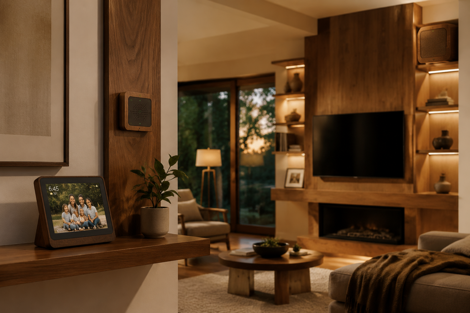 An inspiring landscape image () depicting a seamlessly integrated smart home environment, where multiple custom wooden