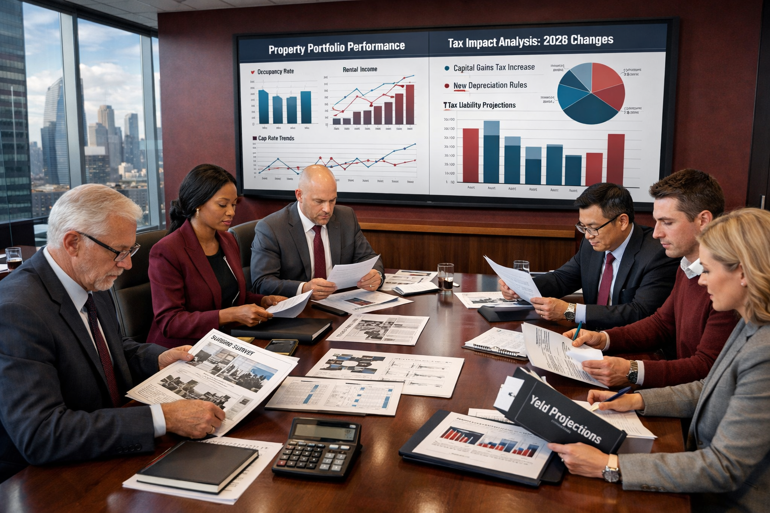 Wide-angle () image depicting institutional investor boardroom meeting with large wall-mounted screen displaying property