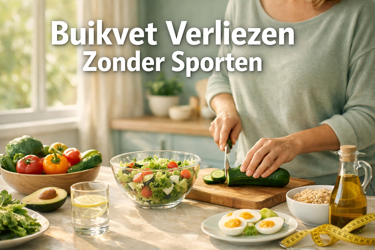 Professional landscape hero image (1536x1024) with bold text overlay 'Buikvet Verliezen Zonder Sporten' in extra large 72pt white sans-serif