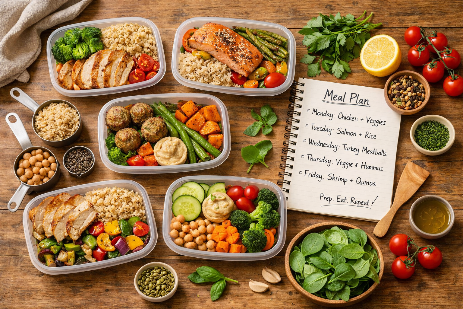 Lifestyle photography composition (1536x1024) featuring overhead flat-lay of balanced meal prep containers with colorful vegetables, lean pr