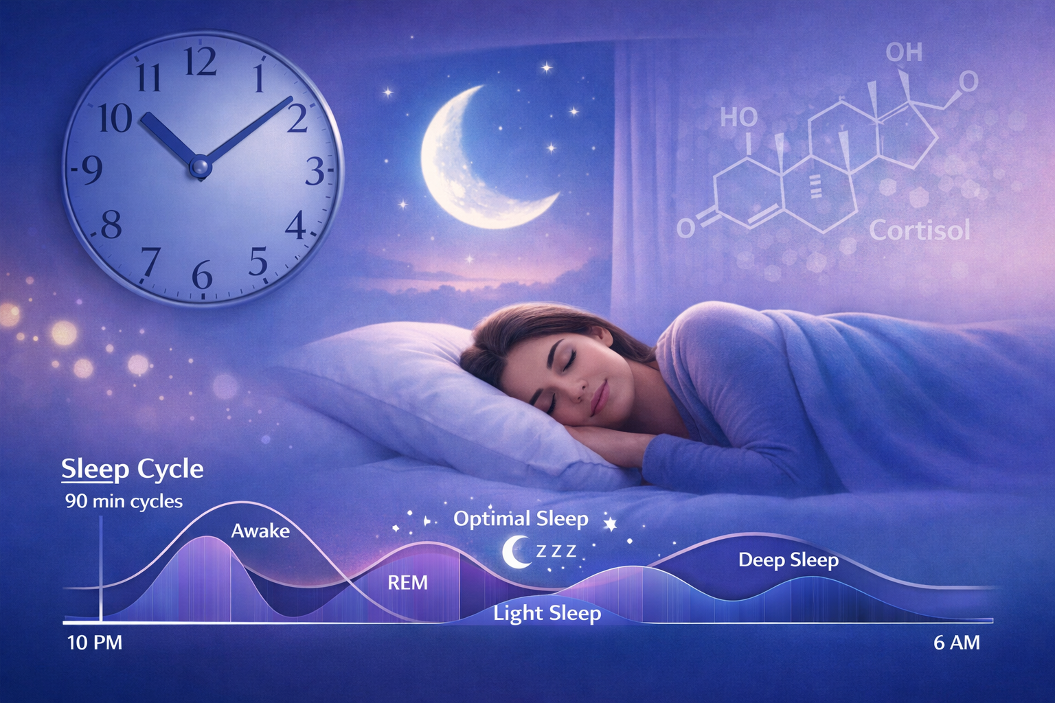 Conceptual illustration (1536x1024) showing peaceful bedroom scene with person sleeping soundly, subtle visual elements representing circadi