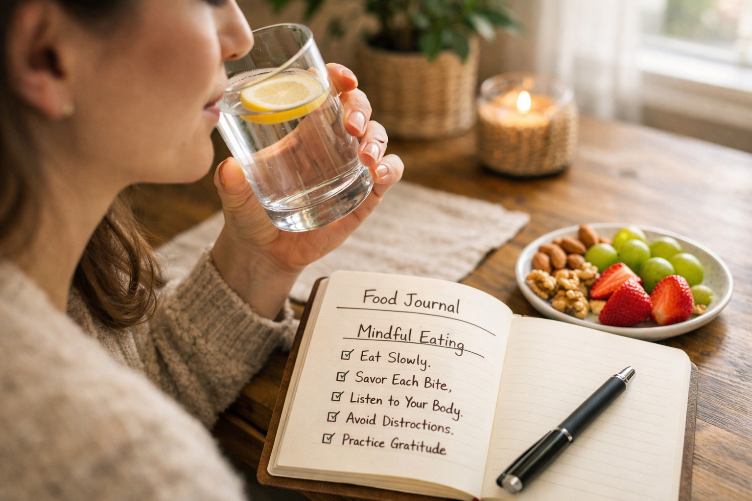 Professional lifestyle photography (1536x1024) of person drinking water from clear glass with lemon slice, food journal open on table showin
