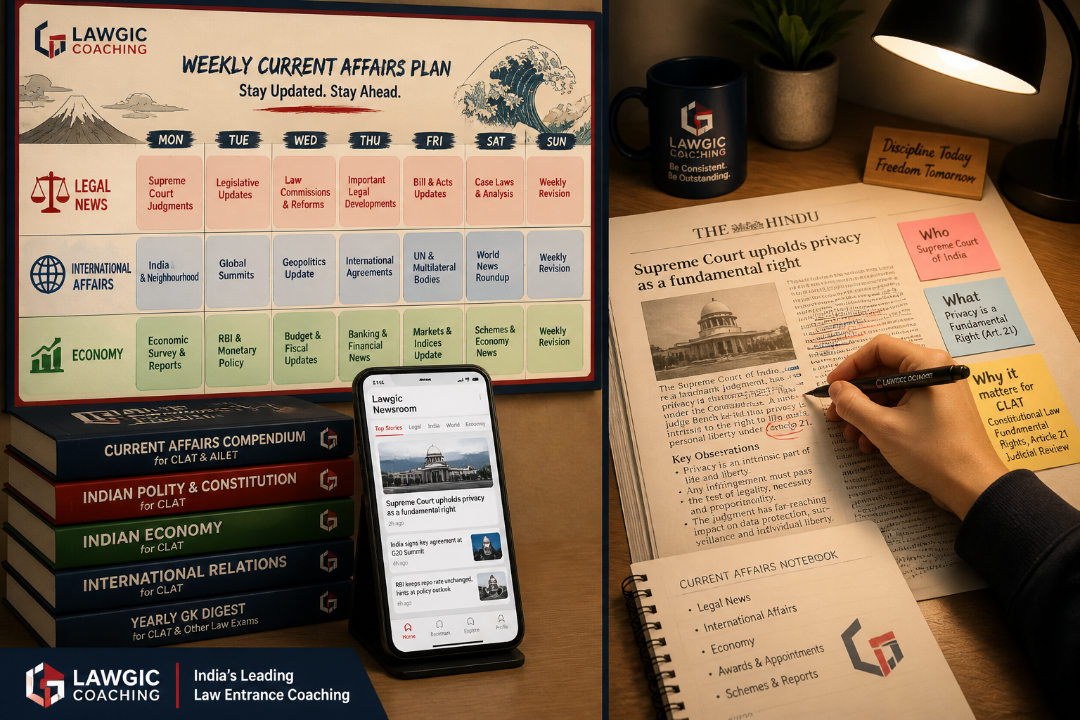 () showing a split-screen study strategy visual: left side displays a weekly current affairs calendar with color-coded study