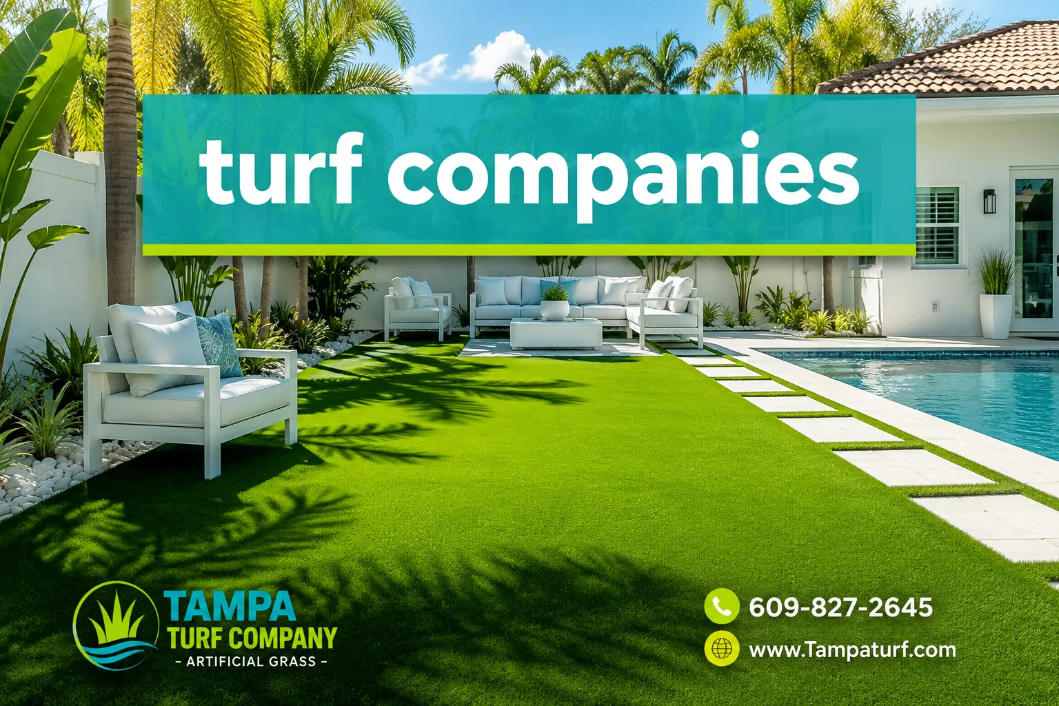 Professional () hero image with SHORT : 'turf companies', crisp white modern on a turquoise semi-transparent panel with a