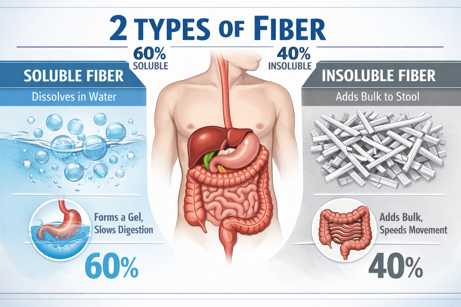 Quick Answer section infographic: Split-screen visual comparing soluble vs insoluble fiber, with human digestive tract
