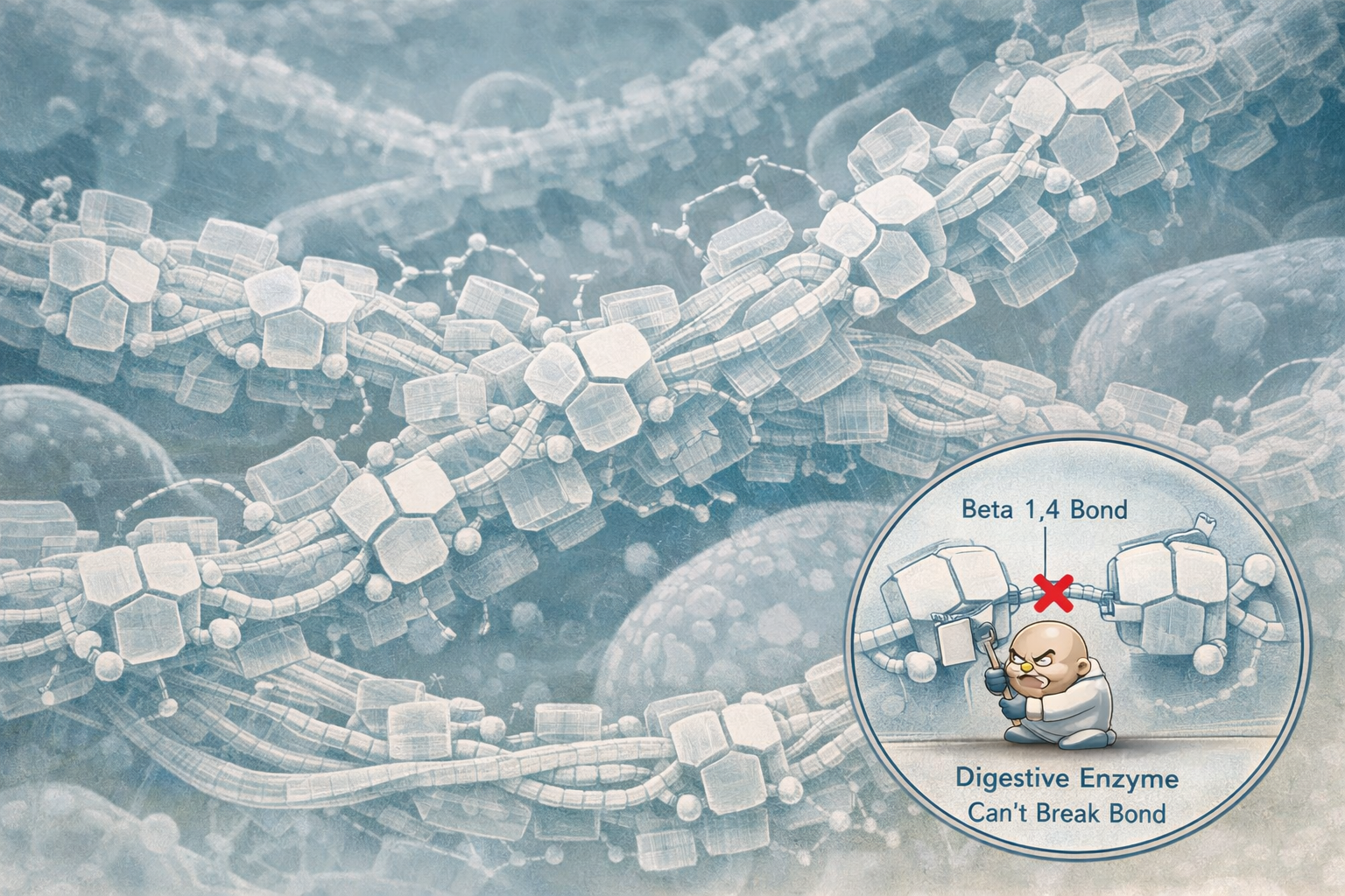 What Fiber Actually Is section visual: Microscopic close-up view of complex carbohydrate molecular structures, showing