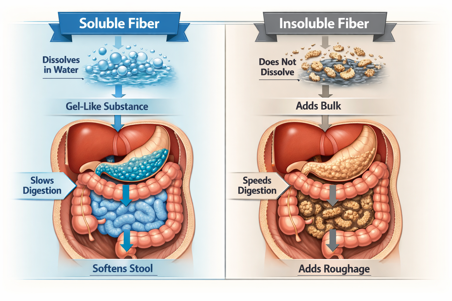Soluble vs. Insoluble Fiber section graphic: Comparative flow chart with two distinct visual streams. Left stream (soluble