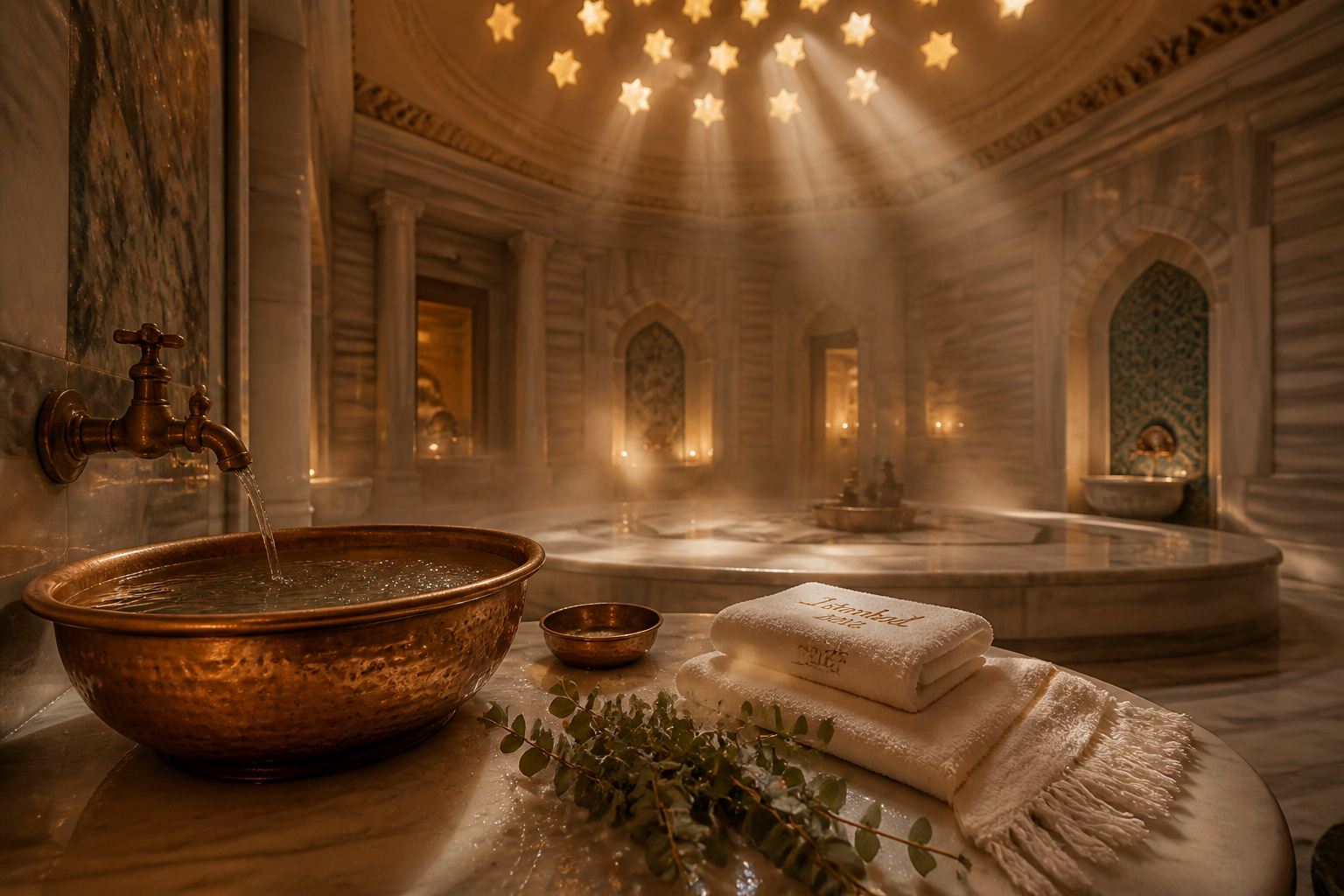 () editorial photograph of a luxurious Turkish hammam interior with marble walls, domed ceiling with star-shaped light