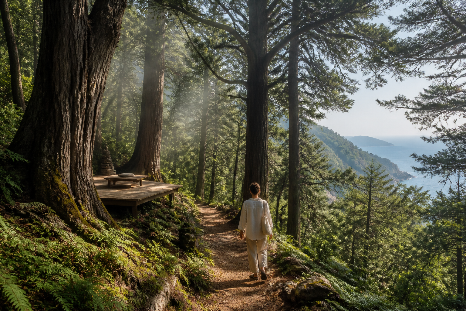 () wide-angle nature scene of a forest bathing path winding through ancient cedar trees in southwestern Turkey near Muğla,