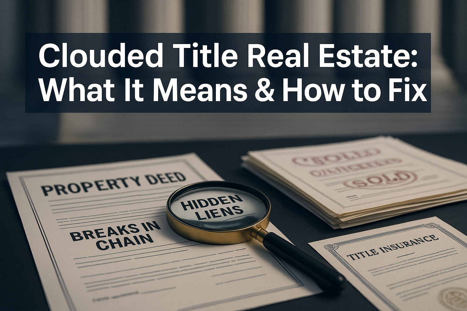 Professional landscape hero image (1536x1024) featuring bold text overlay 'Clouded Title Real Estate: What It Means & How to Fix It' in extr