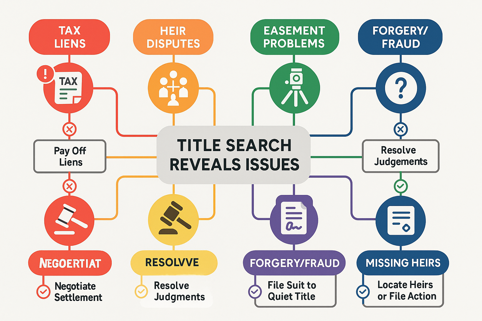 Comprehensive landscape flowchart diagram (1536x1024) illustrating common real estate title issues as branching decision tree: central node 