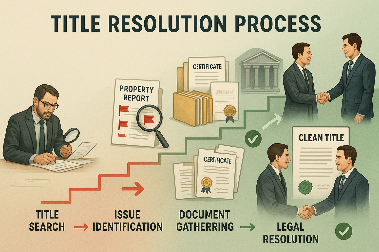 Step-by-step visual guide landscape image (1536x1024) showing the clouded title resolution process as ascending staircase or pathway: five d