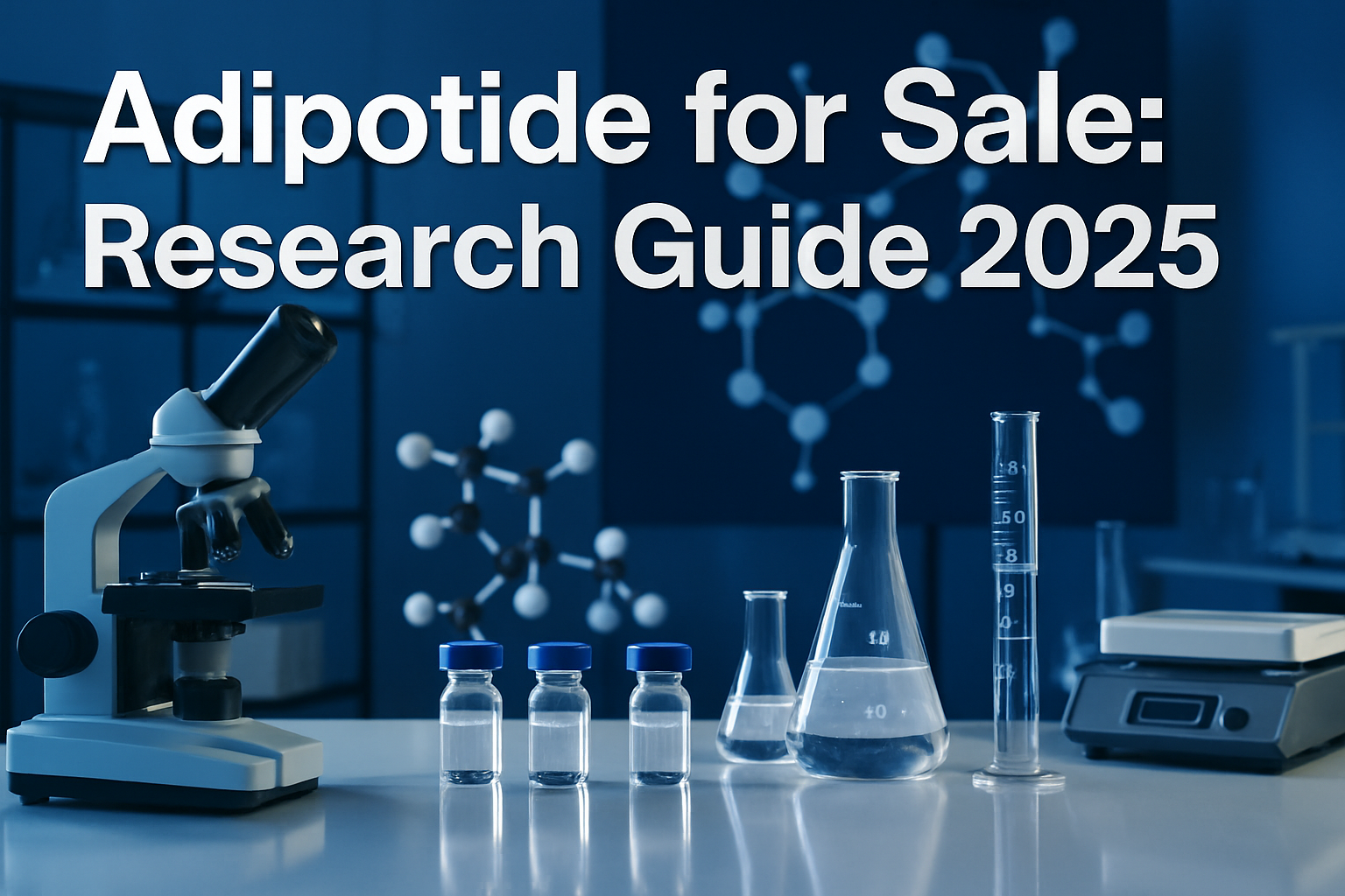 Professional landscape hero image (1536x1024) featuring bold text overlay 'Adipotide for Sale: Research Guide 2025' in extra large 72pt whit