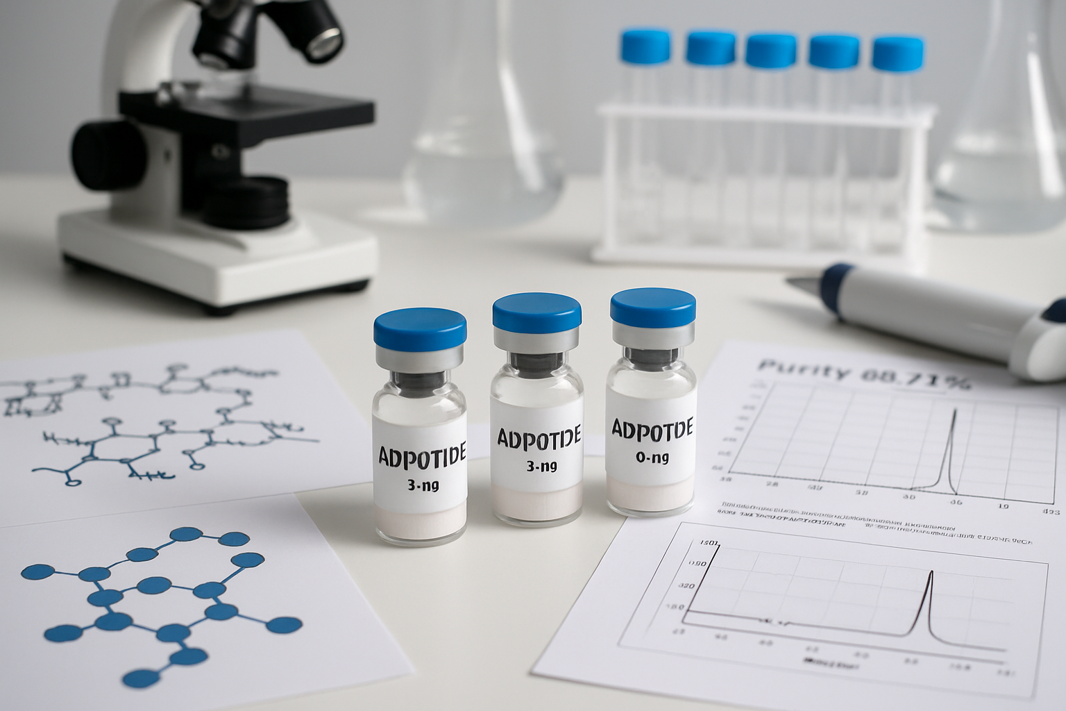 Scientific laboratory scene showing adipotide peptide vials, molecular structure diagrams, research documentation, and testing equipment on 
